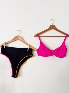 Hot Pink Bikini Top with Black High-Waist Bottom large